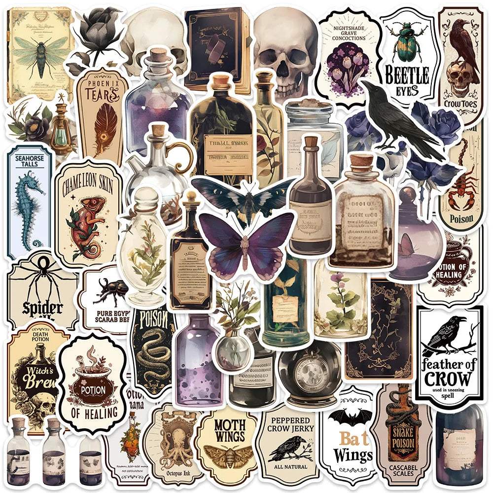 50/100pcs Retro Darkness Aesthetic Alchemy Notes Stickers Crow Skull Potion Laptop Decals Waterproof Luggage Guitar Stickers