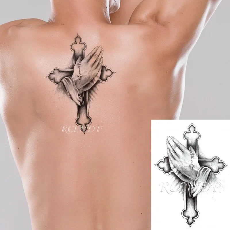 Waterproof Temporary Tattoo Sticker Flowers Pray Hands Cross Letters Flash Tattoo for Women Men