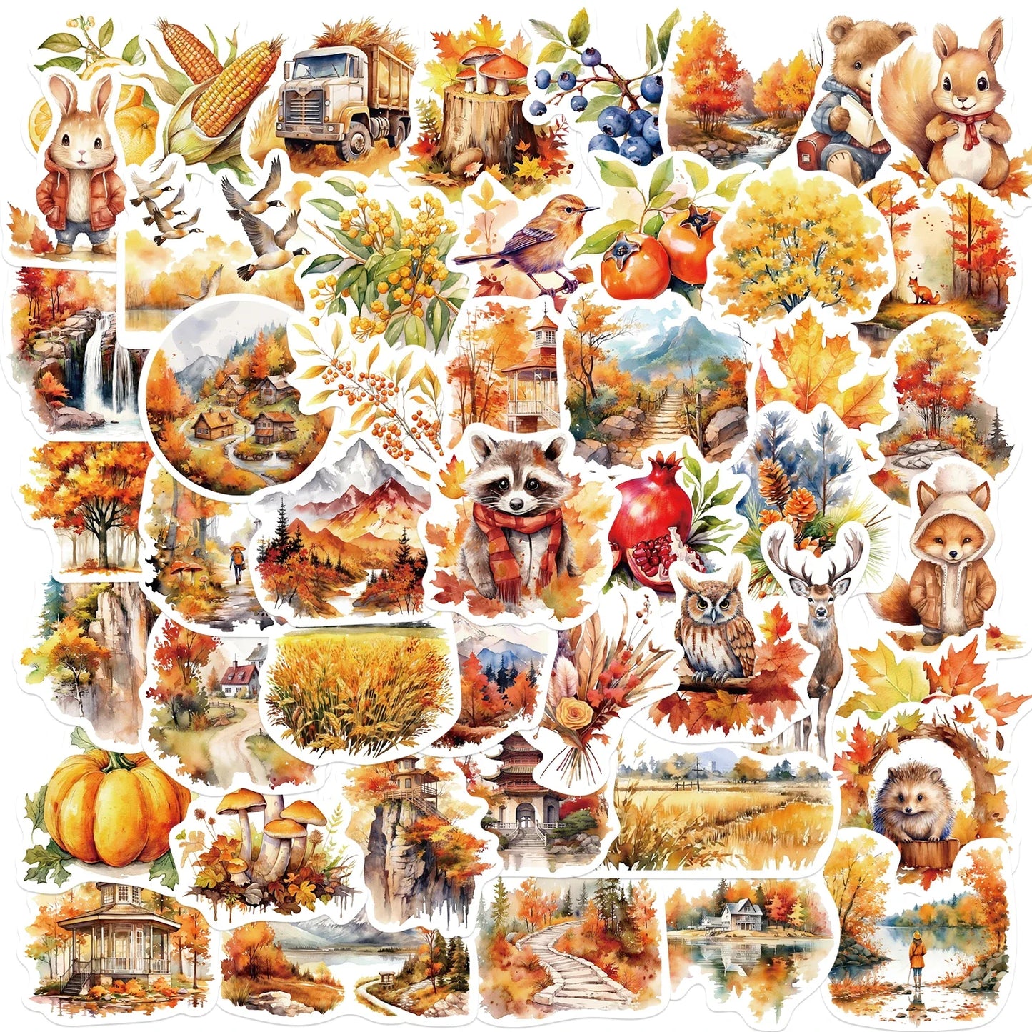 50pcs Cute Autumn Animal Food Stickers Waterproof Decals
