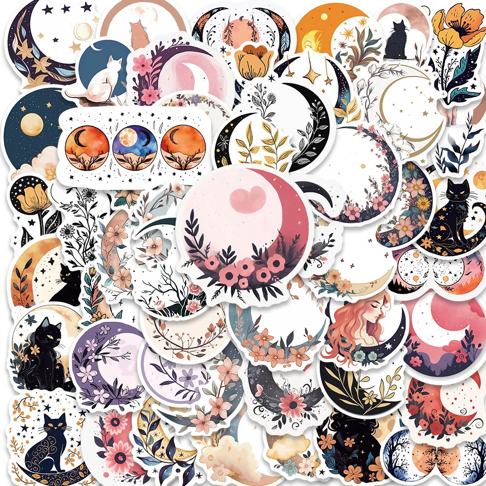 50PCS Vintage Cat Moon Flower Stickers for Scrapbooking, Notebook, Refrigerator