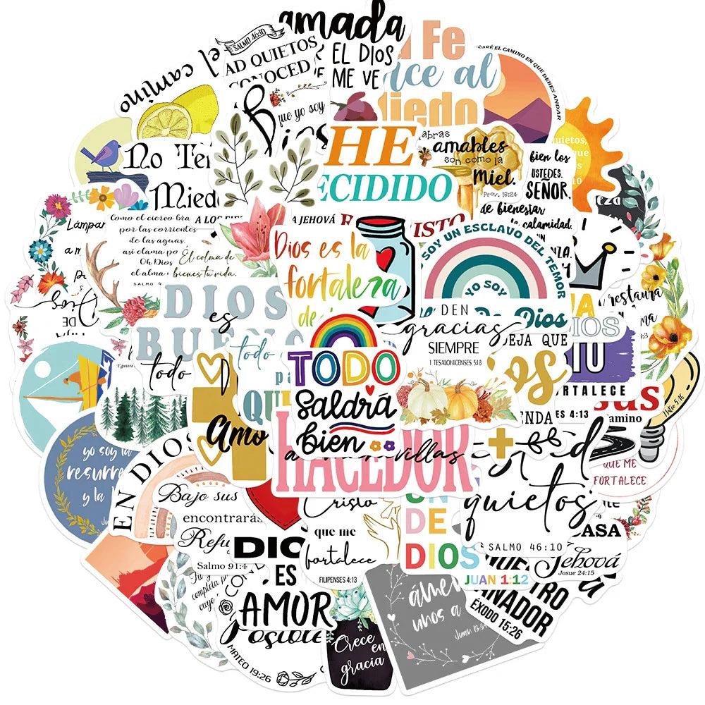 Spanish Bible Motivational Phrases Stickers - 10/30/50pcs Cartoon Decals for Laptop, Phone, Luggage, Scrapbook