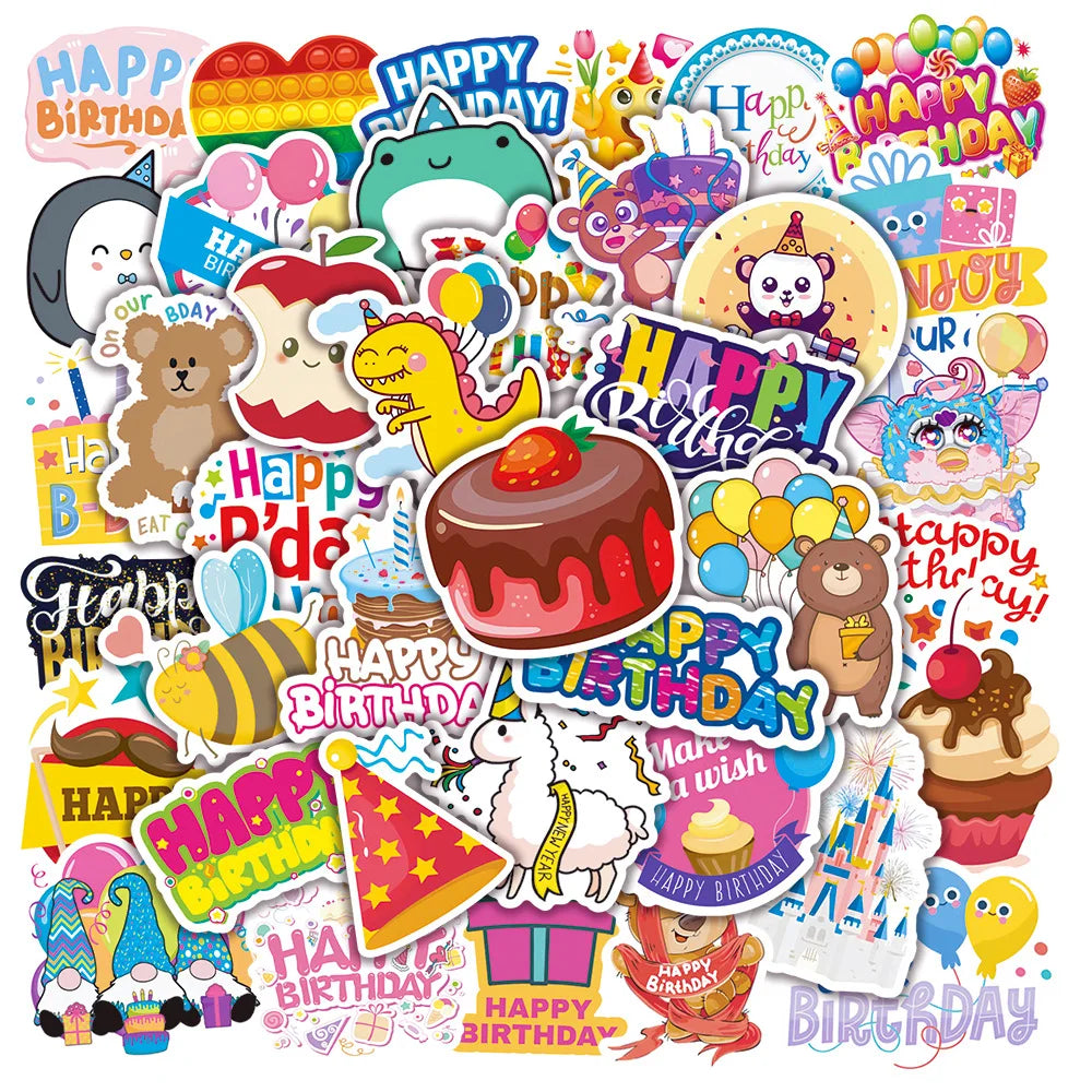 50pcs Cartoon Birthday Graffiti Stickers for Helmet, Wall, Desktop Decoration