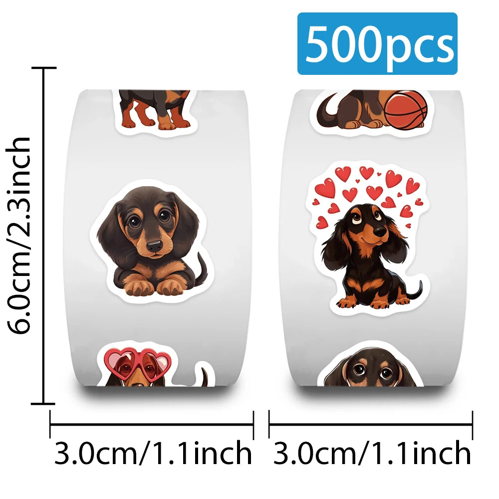 500pcs/roll Cute Cartoon Animal Pet Dog Stickers Dachshund Sticker Luggage Guitar Laptop Stationery Vinyl Decals(10 Patterns)
