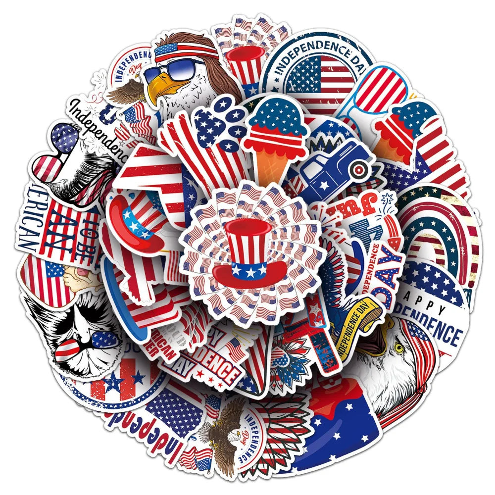 10/50Pcs American Flag Independence Day Cool Stickers Laptop Guitar Luggage Phone Waterproof Graffiti Sticker Decal Kid Toys
