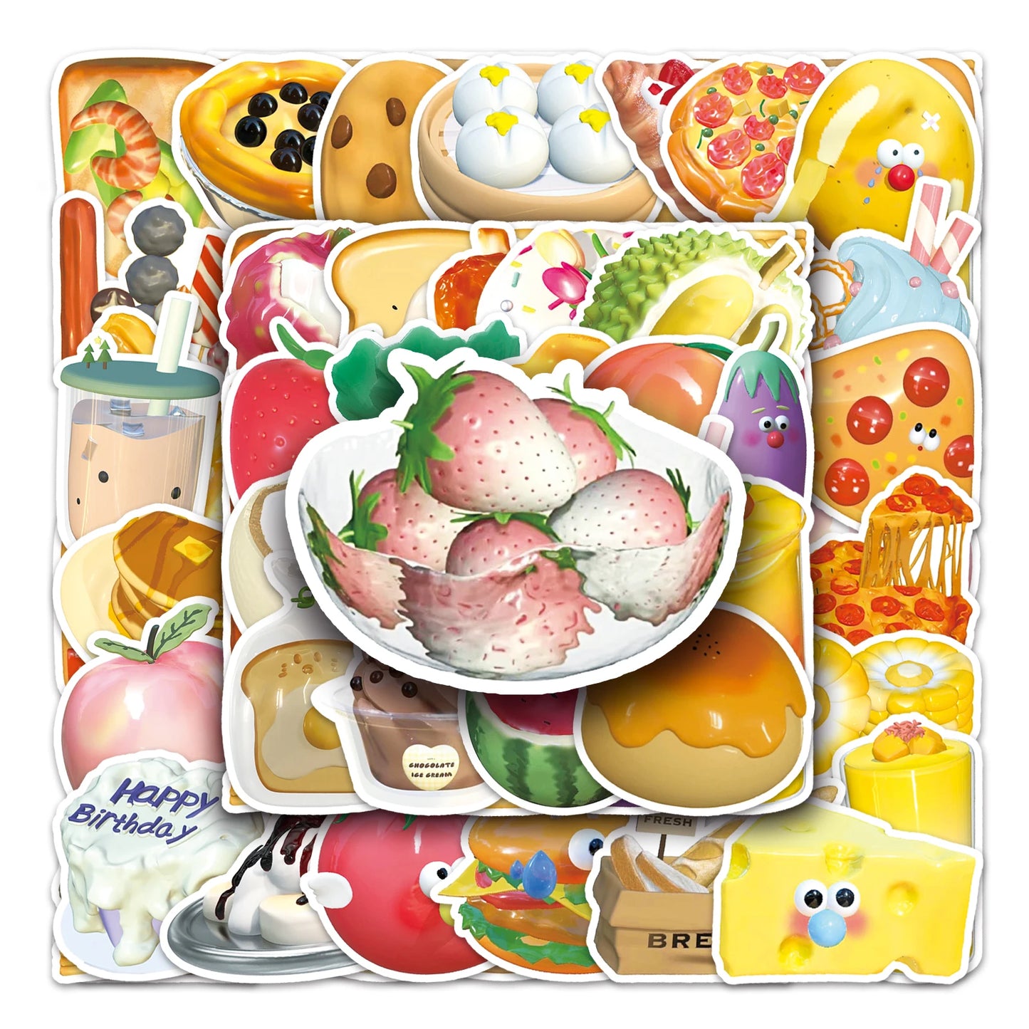 50Pcs 3D Cartoon Food Waterproof Vinyl Stickers for Skateboard Snowboard