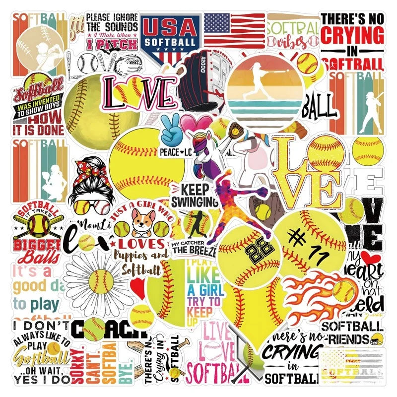 Softball Stickers 10/25/50pcs Waterproof Decals for Phone, Laptop, Car, Skateboard