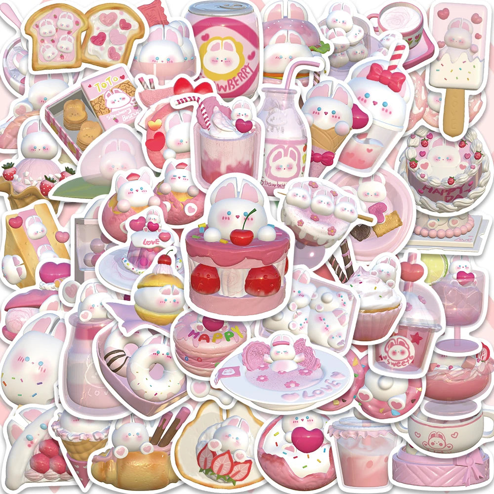 50PCS Cute 3D Pink Strawberry Rabbit Stickers for Laptop, Phone, Scrapbook, Luggage