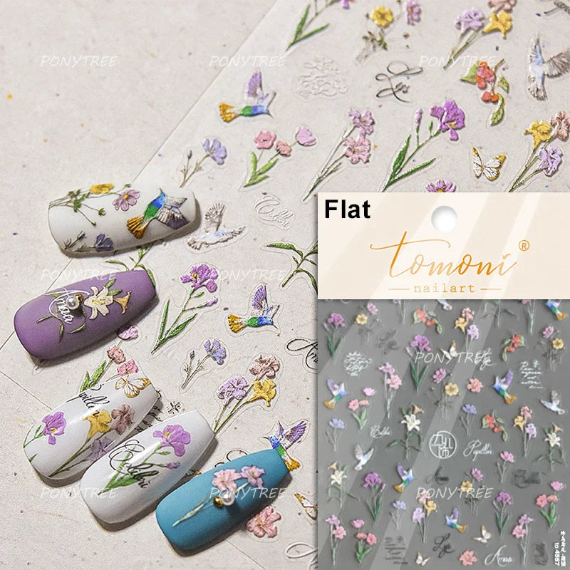 Purple Blue Orchid Nail Art Stickers 3D Manicure Decals