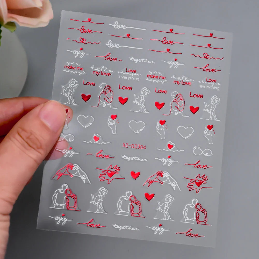 Bohemian 3D Valentine Nail Stickers: Glitter Sun, Heart, Moon