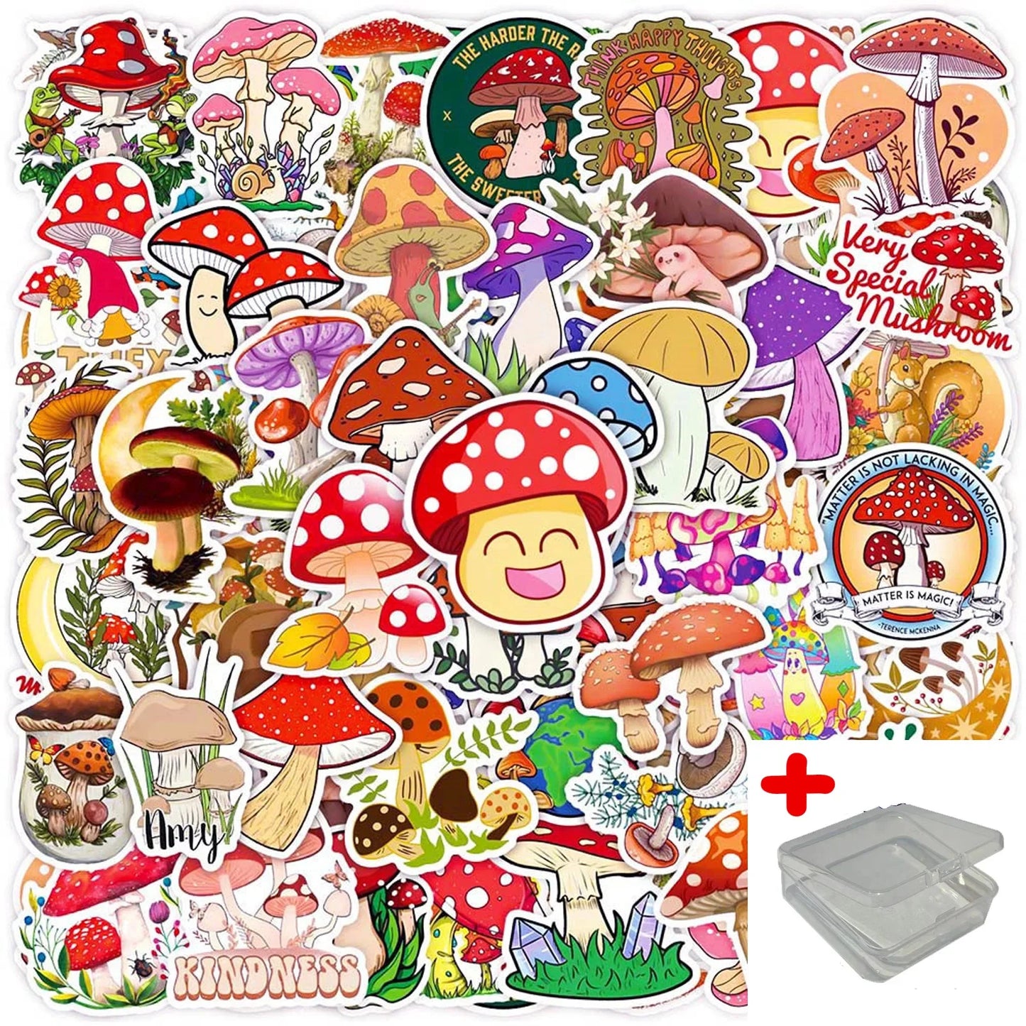 50pcs Retro Mushroom Graffiti Stickers for Helmet, Wall, DIY Decoration with Storage Box