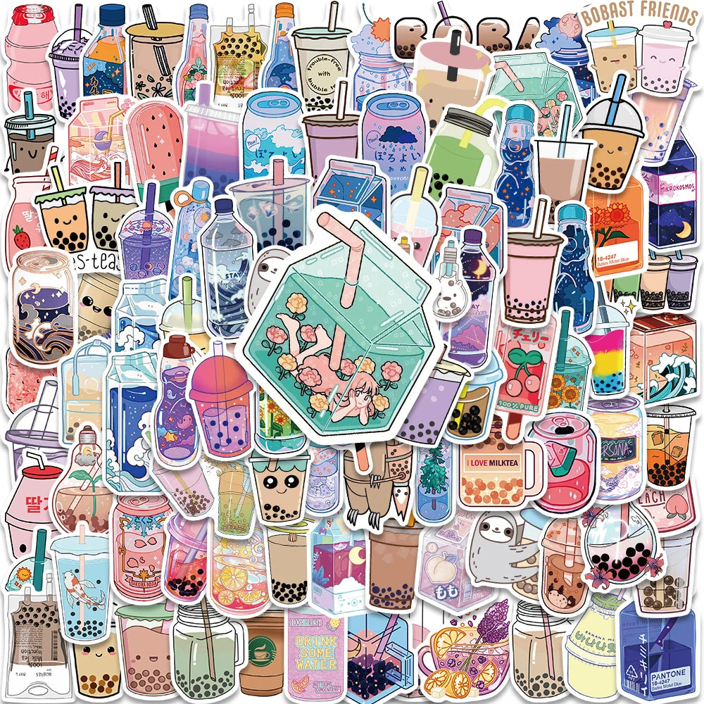 50PCS Cute Cartoon Milk Tea Stickers for Kids - Aesthetic Scrapbook, Phone, Laptop, Luggage