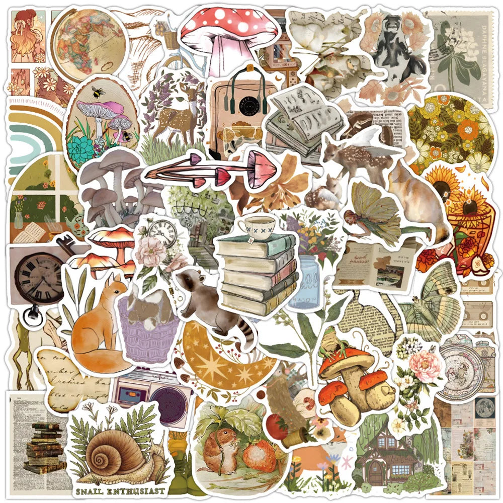 Retro Cartoon Animal Plant Art Stickers - Aesthetic Waterproof Decals for Phone, Laptop, Scrapbook, Diary