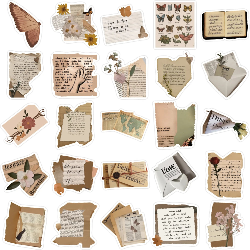 10/25/50pcs Retro English Fragmented Stickers Decals Cartoon Graffiti DIY Notebook Luggage Wall Decoration PVC Sticker
