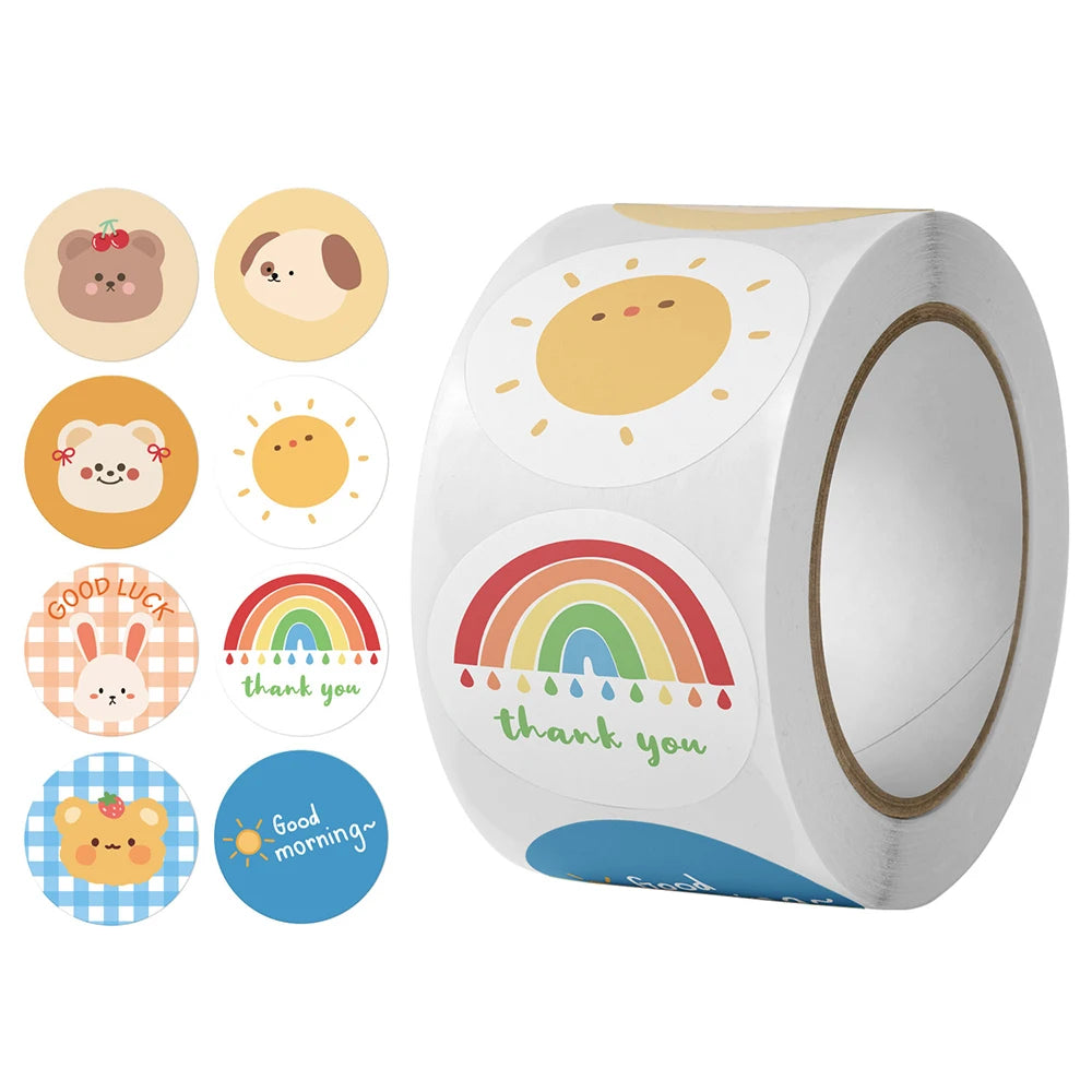 100-500PCS Round Cartoon Thank You Stickers Cute Sun Rainbow Clouds animals Sticker For Gift Decor Labels Kids Reward Sticker