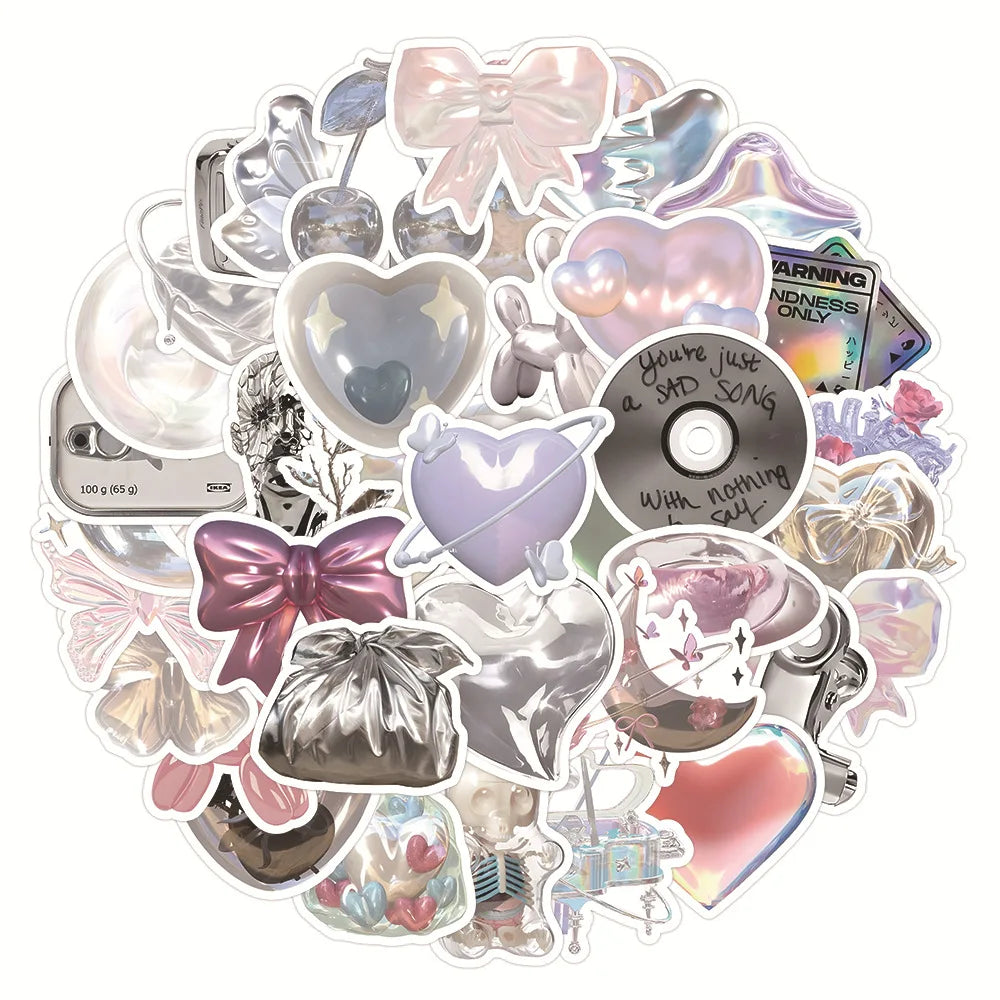 10/30/63pcs Silver Pink Aesthetic Stickers for Skateboard, Phone, Fridge, Bike, DIY Decals