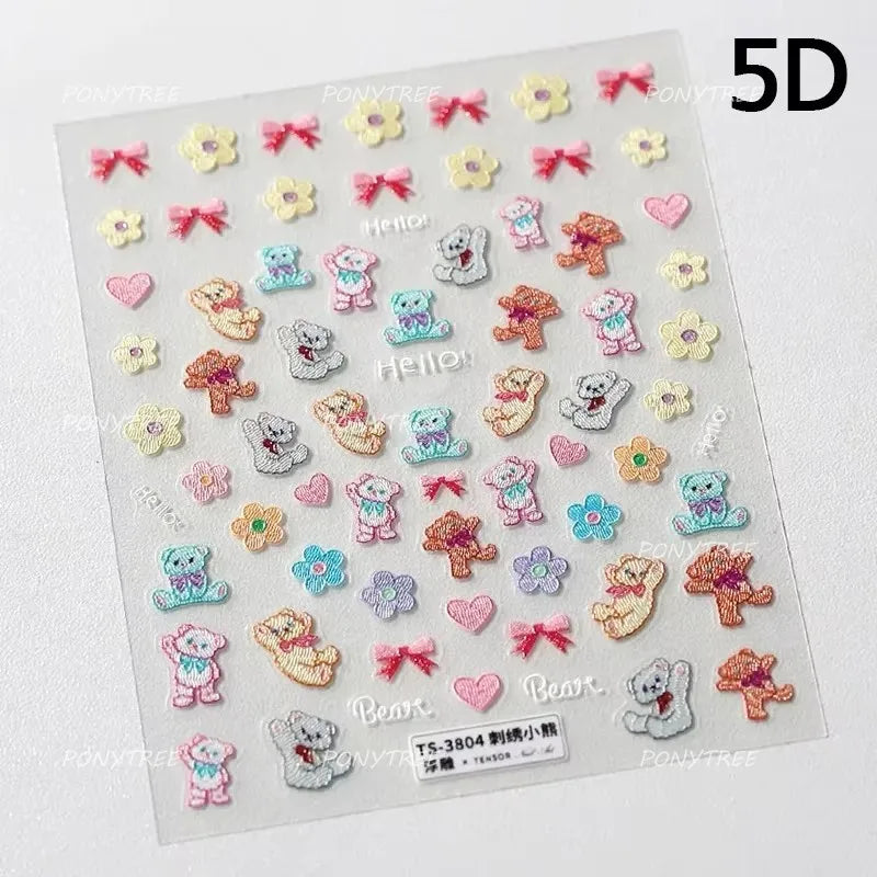 Bear Cake Heart Nail Art Stickers 5D Manicure Decals