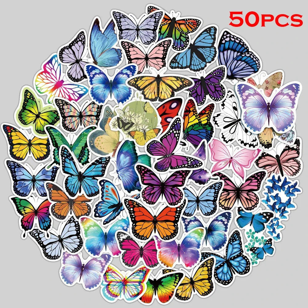 50pcs Waterproof PVC Flower Butterfly Stickers for DIY, Bicycle, Luggage, Skateboard