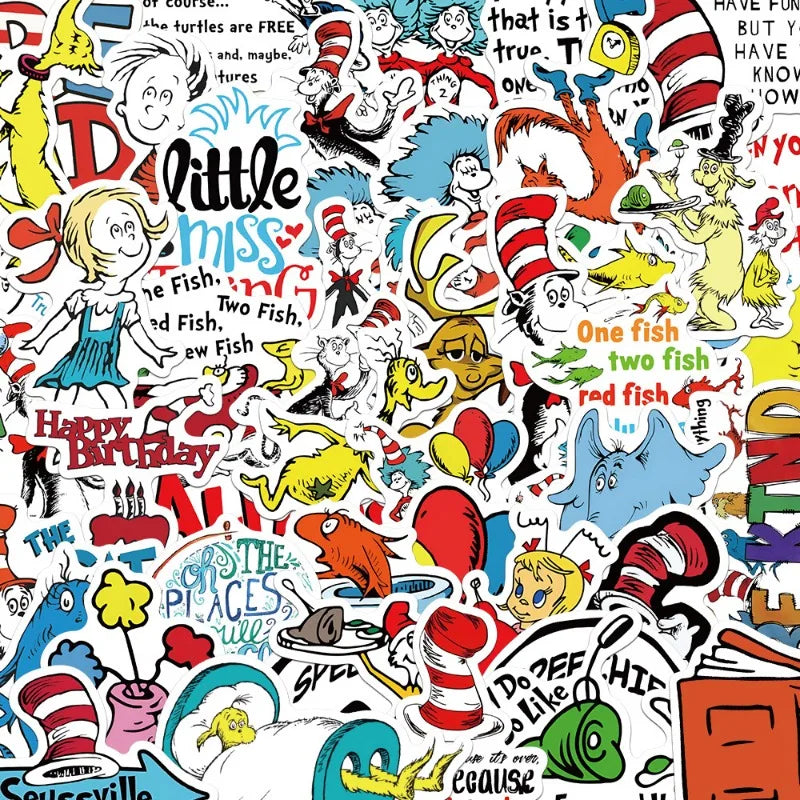 50pcs Doctor Seuss Cartoon Stickers for Luggage, Water Bottles, Phones, Laptops, Scooters, Refrigerators