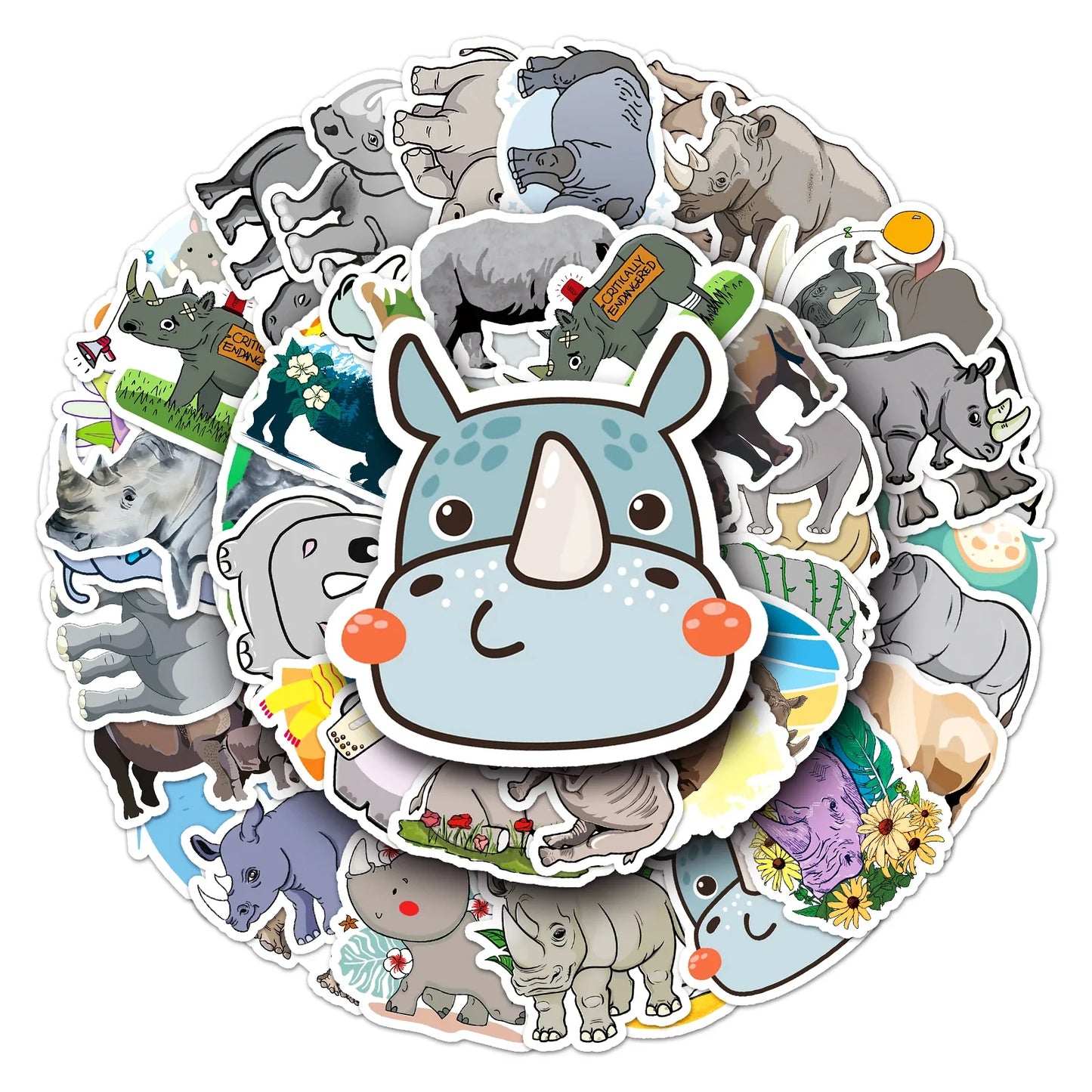 50Pcs Rhino Cartoon Waterproof Vinyl Stickers for Skateboard Snowboard