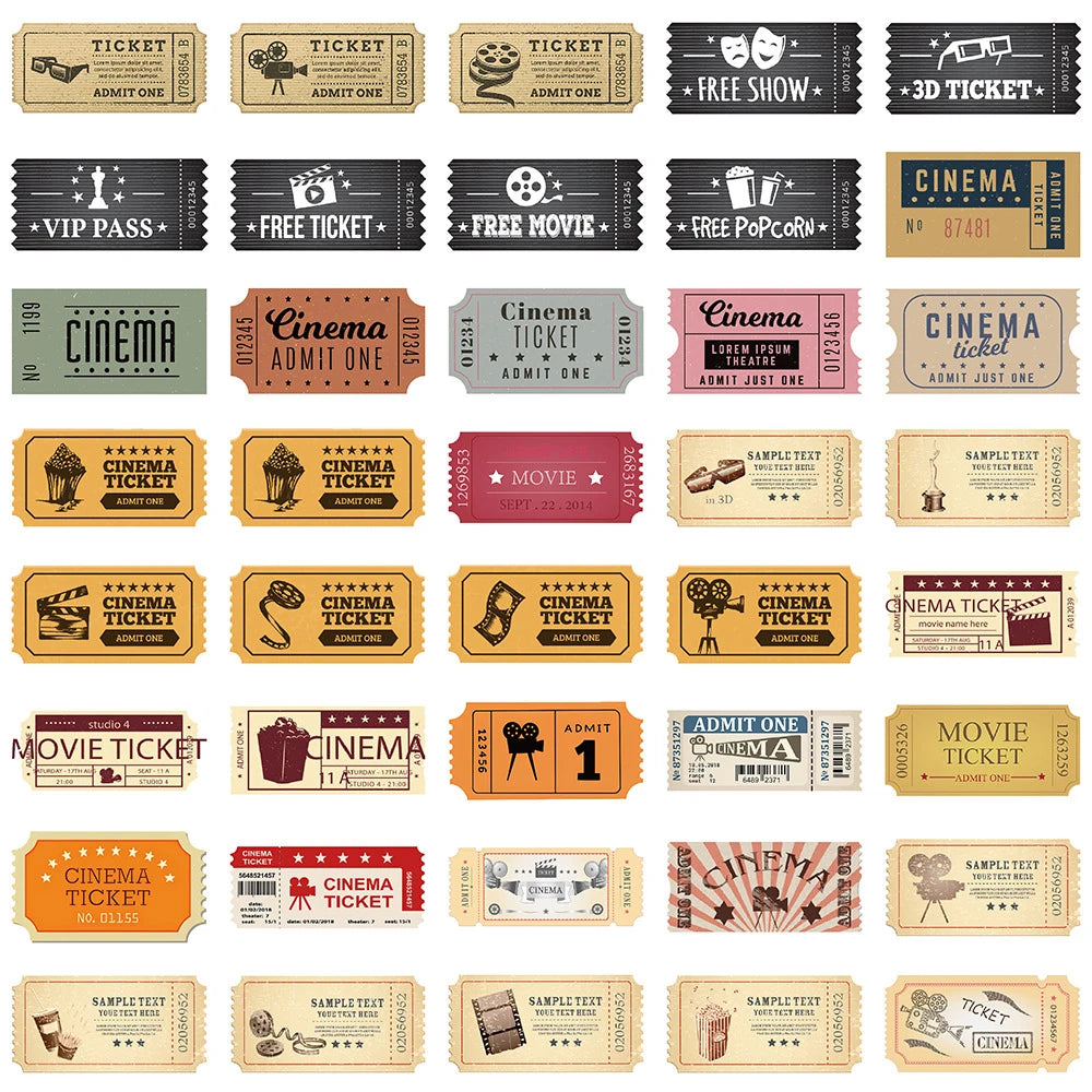 10/40/80pcs Vintage Classic Movie Ticket Stickers Laptop Skateboard Luggage Phone Car Motorcycle Waterproof Sticker Kids Toys