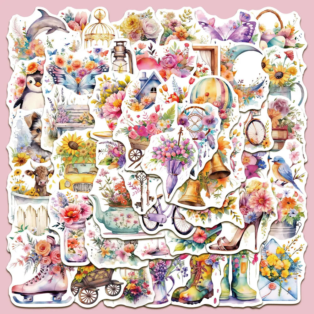 50pcs Cartoon Flower Graffiti Stickers for Helmet, Wall, DIY Decoration