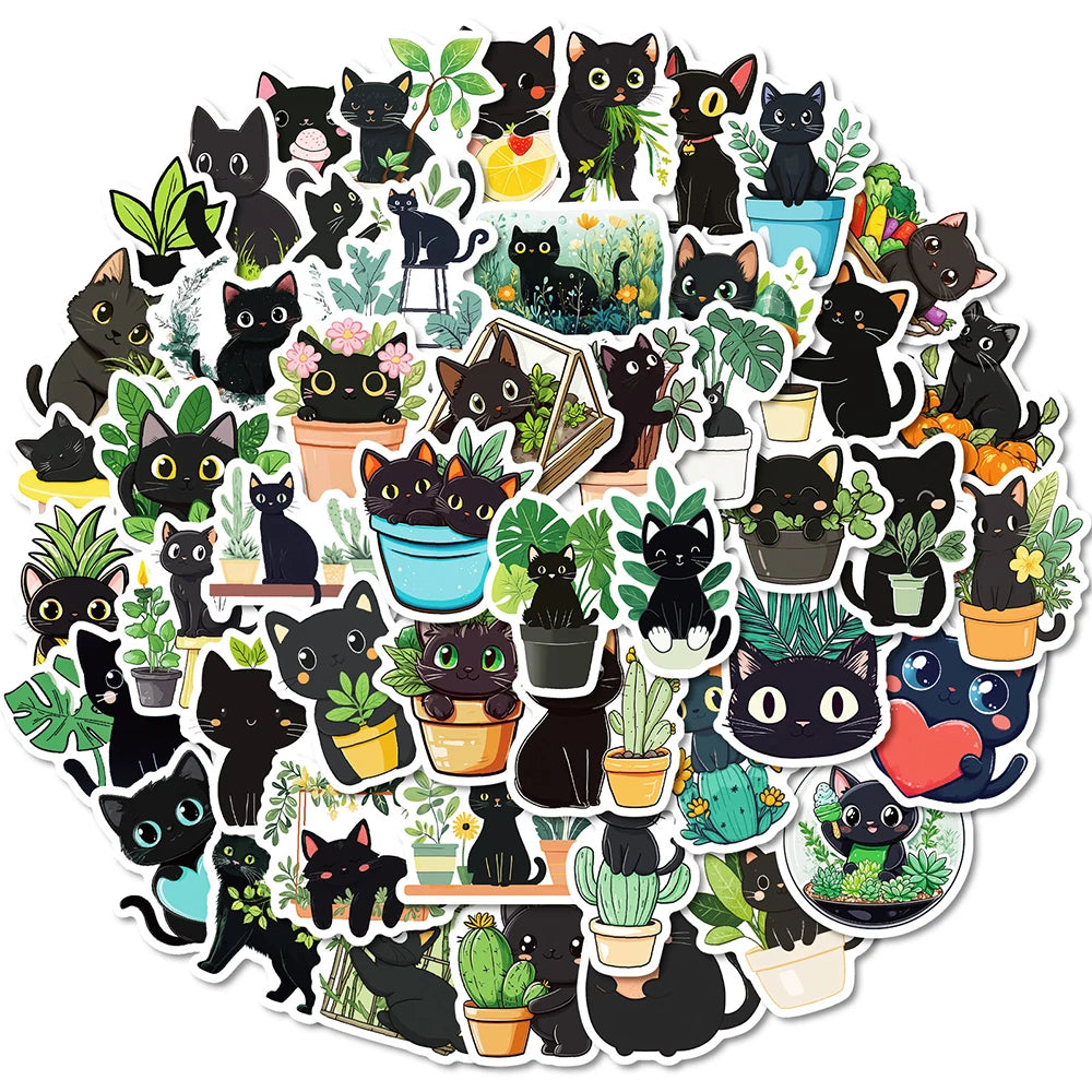 Black Cat Plant Stickers Decals for Laptop Phone Suitcase Stationery Kids Toys