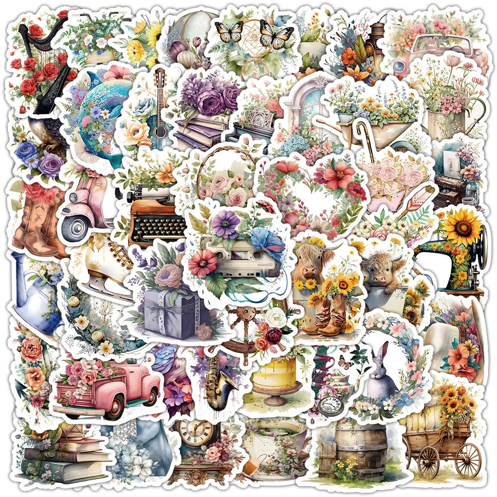 10/50pcs Cute Retro Flowers World Cartoon Stickers Aesthetic Graffiti Decals Bottle Laptop Notebook Phone Decoration Sticker Toy