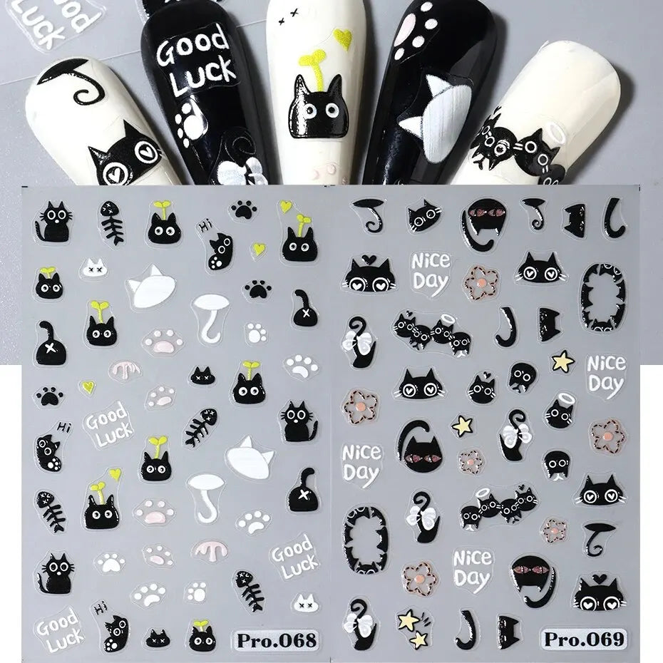 Black Cat Nail Stickers 3D Cartoon Self-Adhesive Nail Art Decals Manicure Accessories
