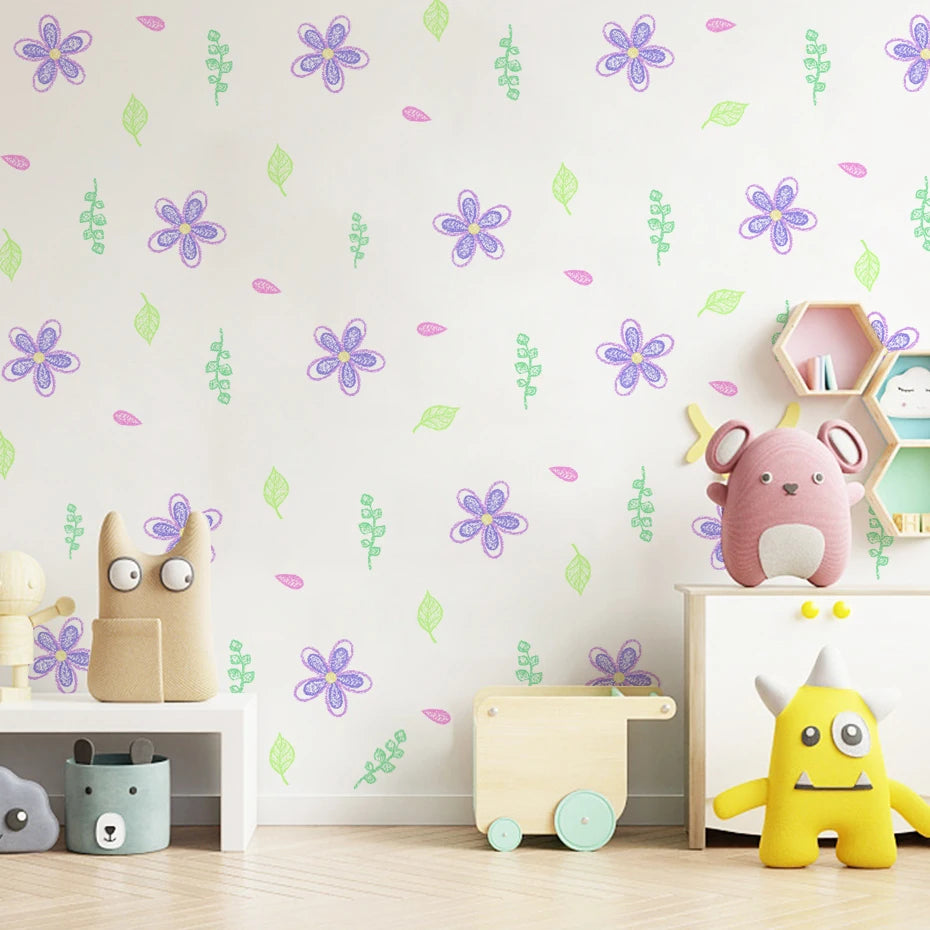 Watercolor Pink Flowers Leaves Wall Decals for Kids Room Nursery