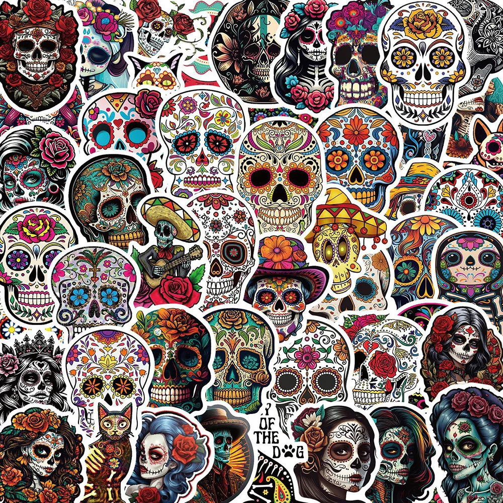 Day of the Dead Skull Stickers 10/30/50pcs Waterproof Decals for Skateboard, Phone, Notebook, Bike