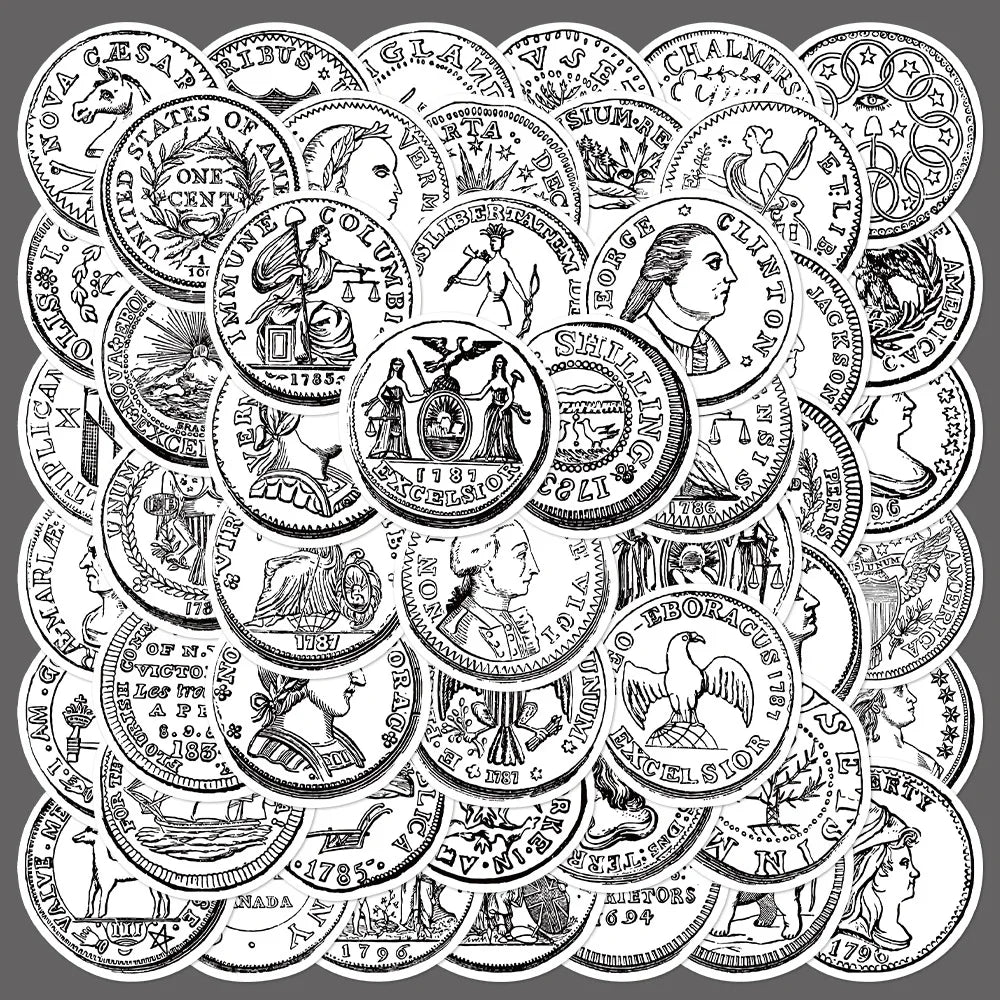 50pcs Retro Coin Graffiti Stickers for Helmets, Walls, DIY Decor