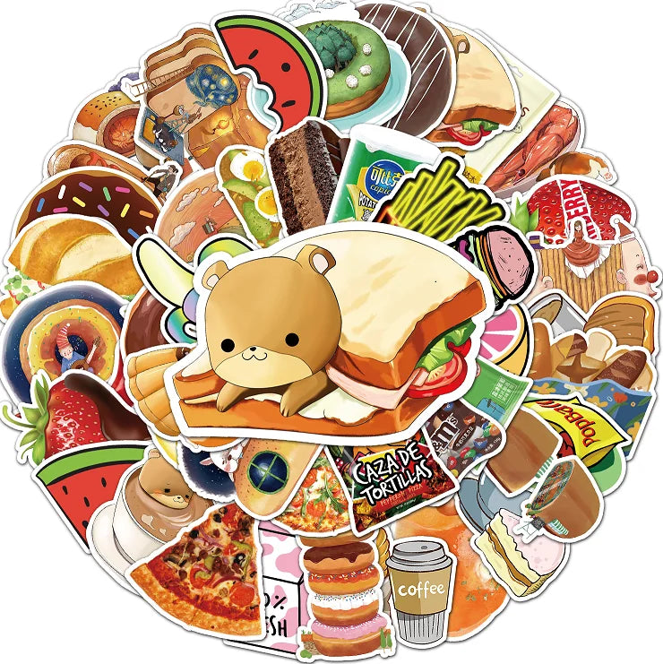 50Pcs Cartoon Food Waterproof Vinyl Stickers for Skateboard Snowboard
