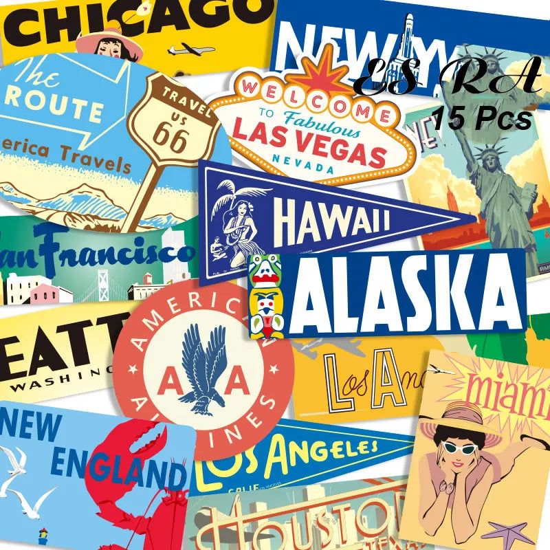 15 Pcs Big Size Aesthetic Retro Vinyl Stickers for Laptop, Suitcase, Skateboard Decor