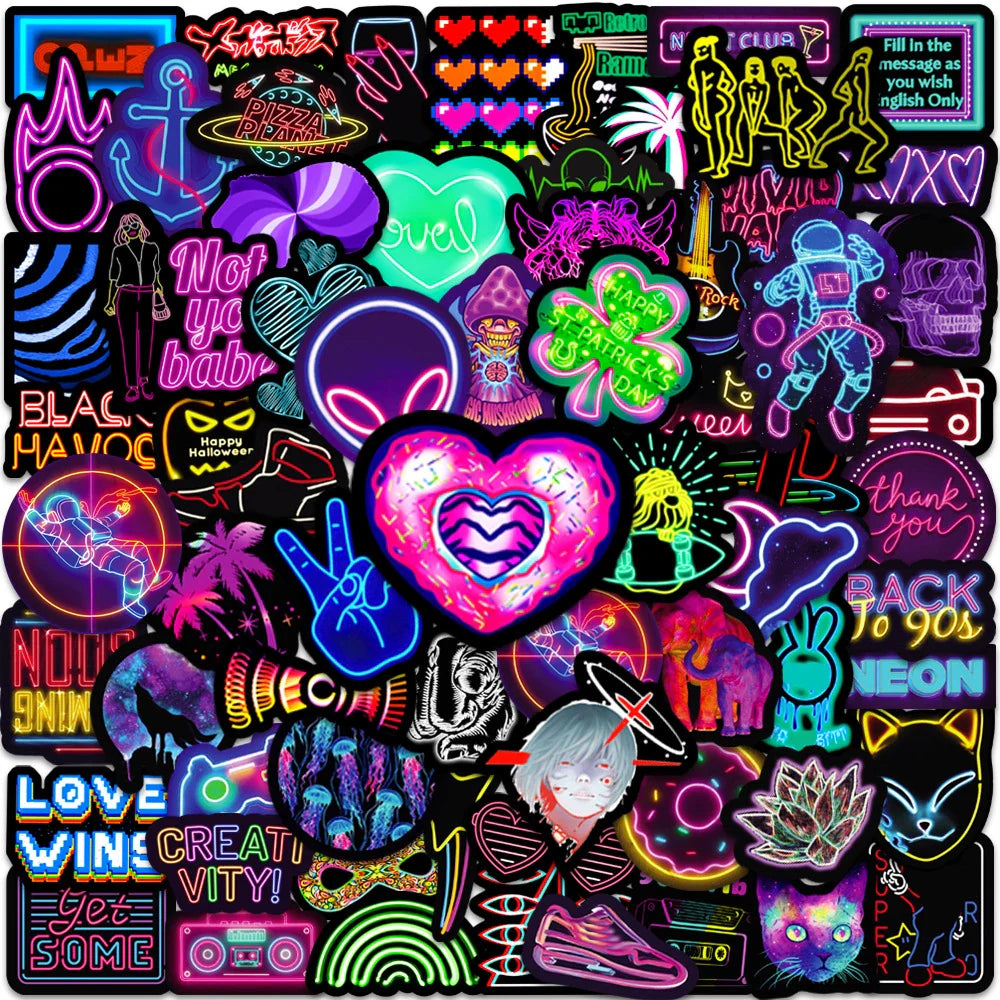 Cartoon Neon Light Stickers 10/30/50pcs Waterproof Decals for Skateboard Laptop Phone Bike Fridge