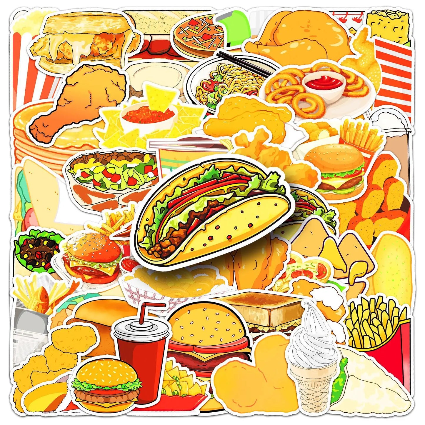 Fast Food Cartoon Stickers Set: Fried Chicken, Burger Decals for DIY, Scrapbook, Laptop, Bike, Guitar
