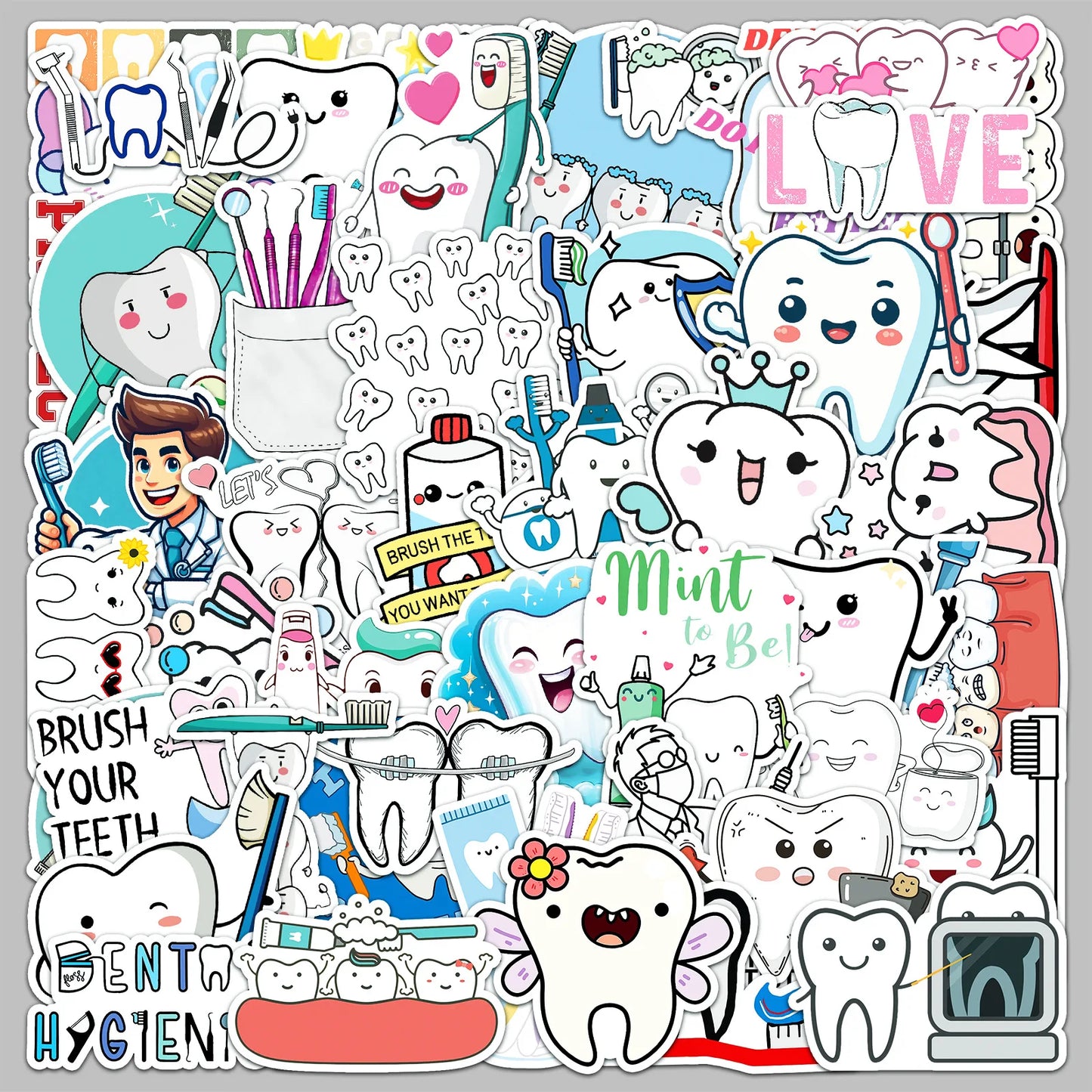 50pcs Cartoon Teeth Care Stickers for Helmet, Wall, DIY Decoration Wholesale