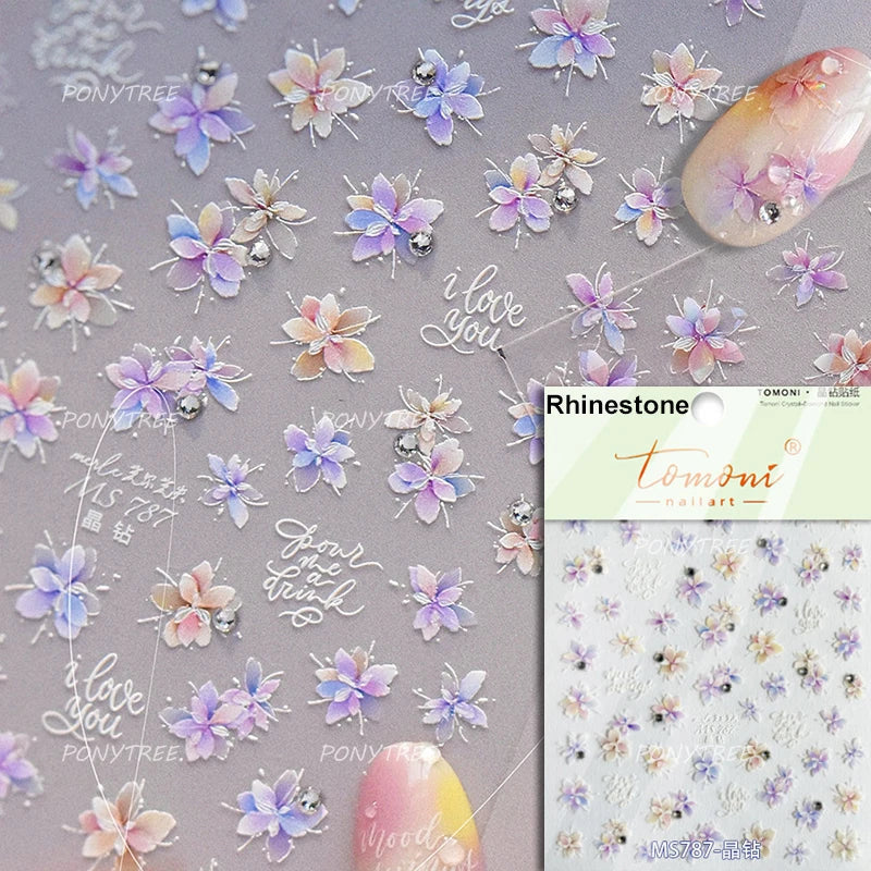 Vintage Floral Nail Art Stickers Rhinestone Daisy Design