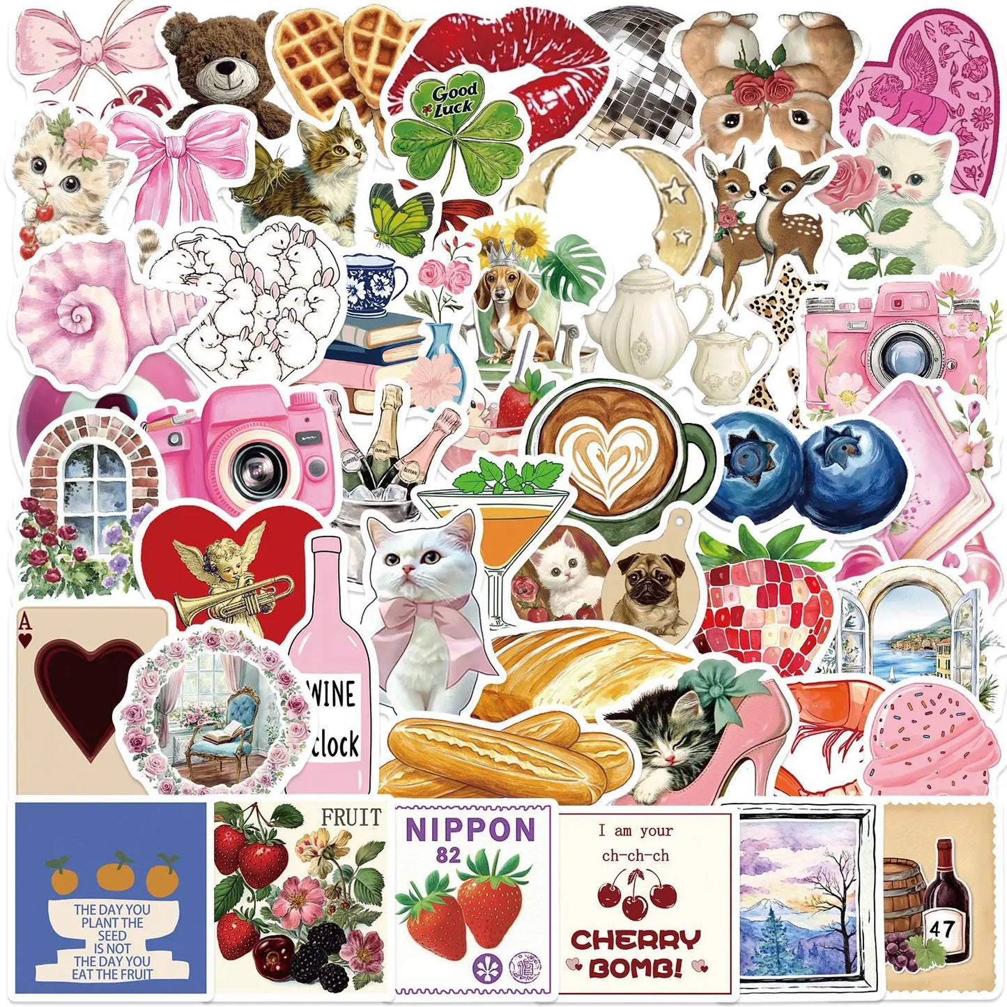 Pink Cat Cartoon Stickers Set - Aesthetic DIY Art for Phone, Notebook, Bike, Suitcase, Car, Wall