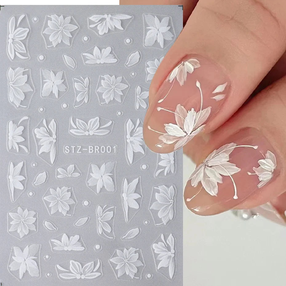 3D White Flower Nail Art Stickers Floral Adhesive Decals DIY Charms
