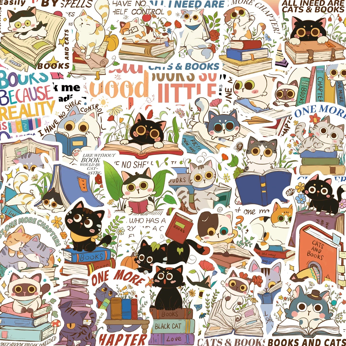 Cat & Book Motivational Stickers Pack - 60Pcs for DIY Decor