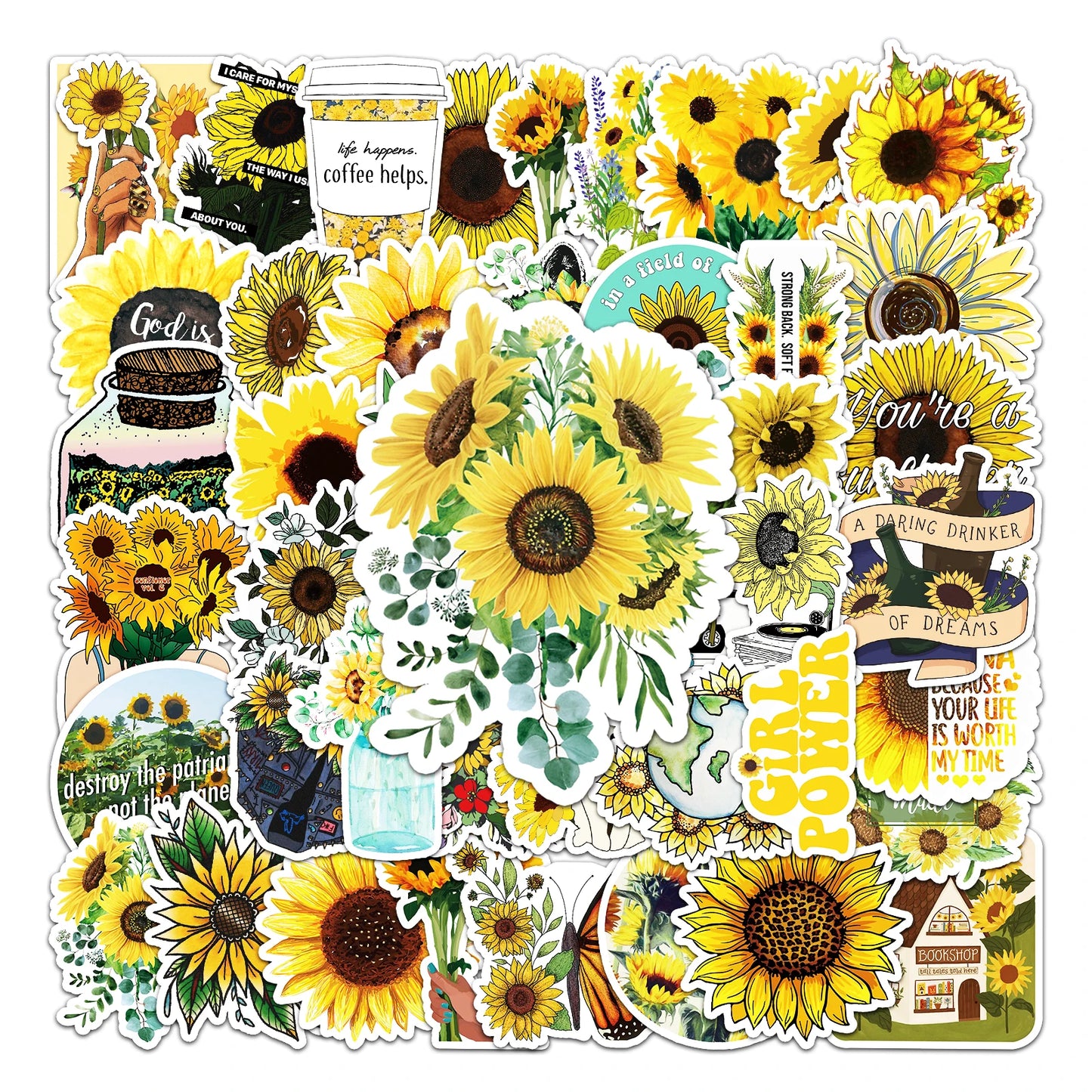 50Pcs Sunflower Cartoon Waterproof Vinyl Stickers for Skateboard Snowboard Decals