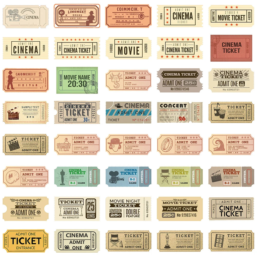 10/40/80pcs Vintage Classic Movie Ticket Stickers Laptop Skateboard Luggage Phone Car Motorcycle Waterproof Sticker Kids Toys