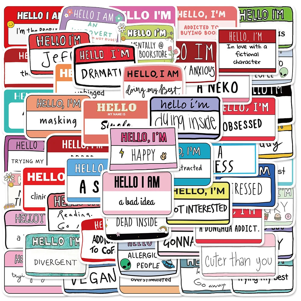 50pcs Cartoon "Hello I Am" Funny Stickers for Diary, Bottle, Laptop, Phone, Journal