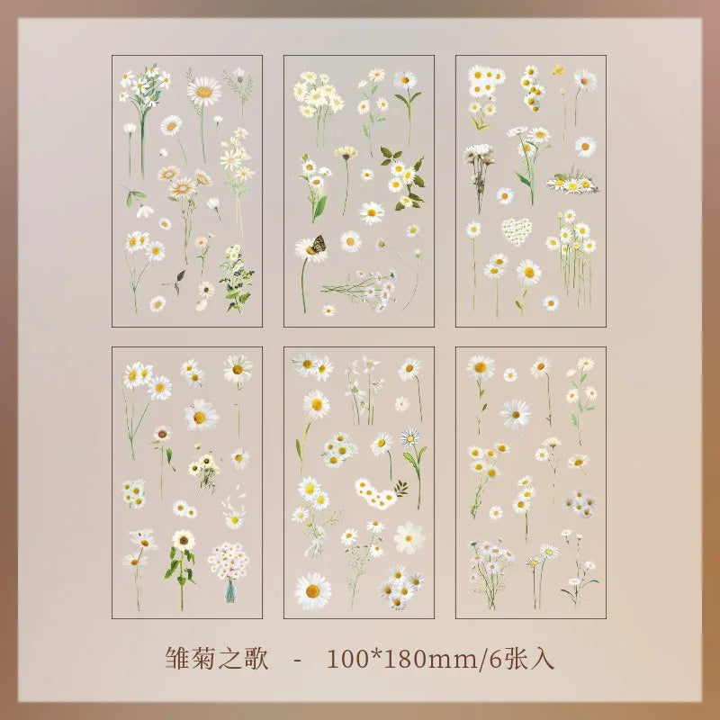 JIANQI 6pcs Transparent PET Floral Stickers Scrapbooking DIY Journal Decor