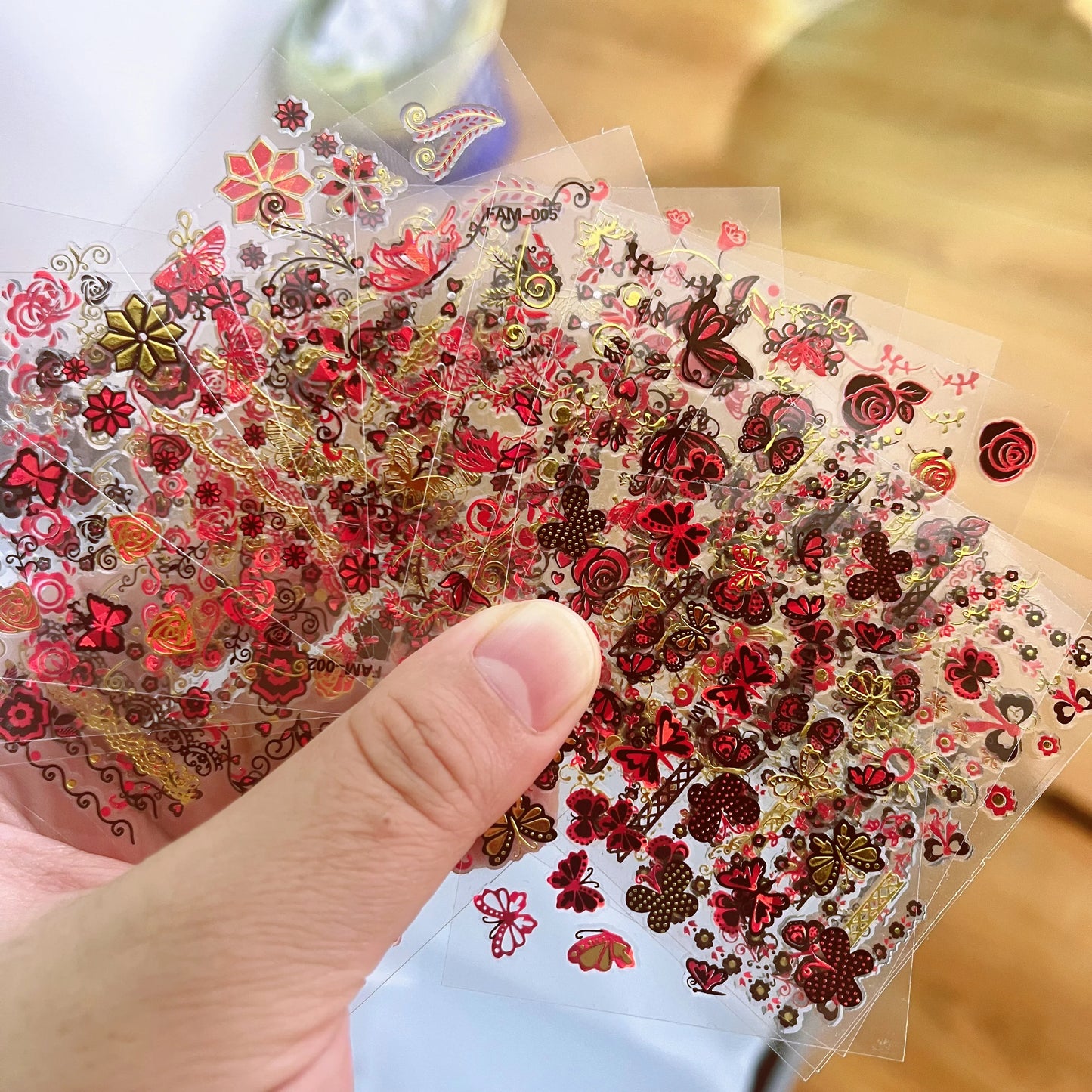 Red Gold 3D Nail Art Stickers: Flowers, Letters, Butterflies