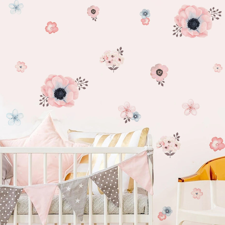 Watercolor Pink Brown Flower Wall Stickers Nursery Decals Girls Room
