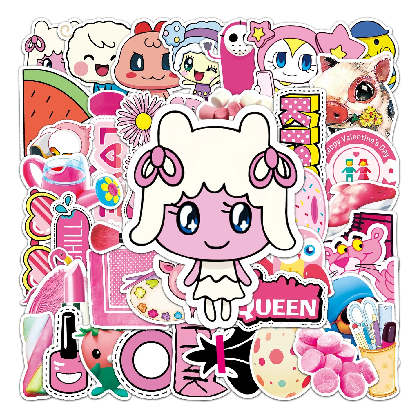 50Pcs Pink Cartoon Waterproof Vinyl Stickers for Skateboard Snowboard Decals