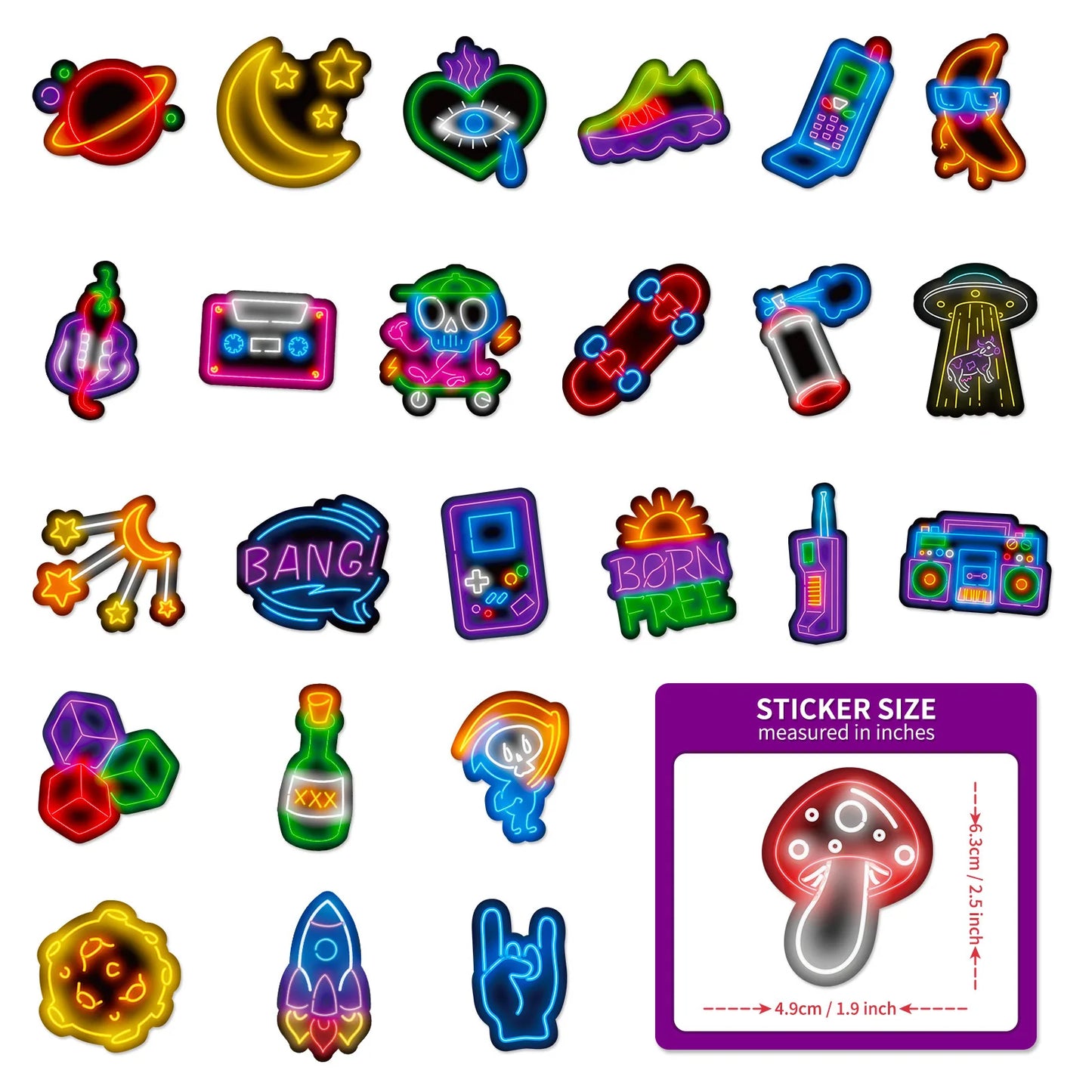 10/25/50pcs Cool Neon Light Graffiti Sign Sticker Packs