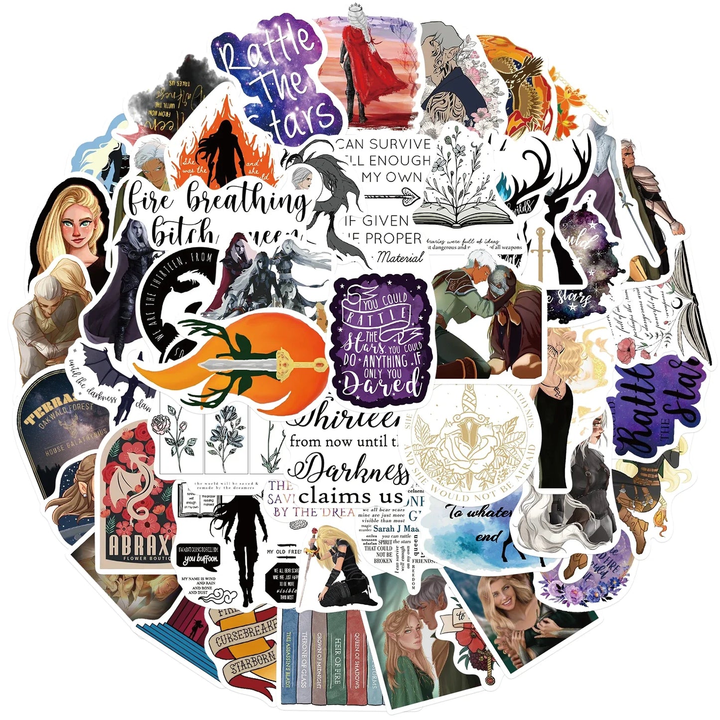 Throne of Glass Stickers Set - Cartoon Novel Decals for Laptop, Suitcase, Skateboard, Guitar, Bottle