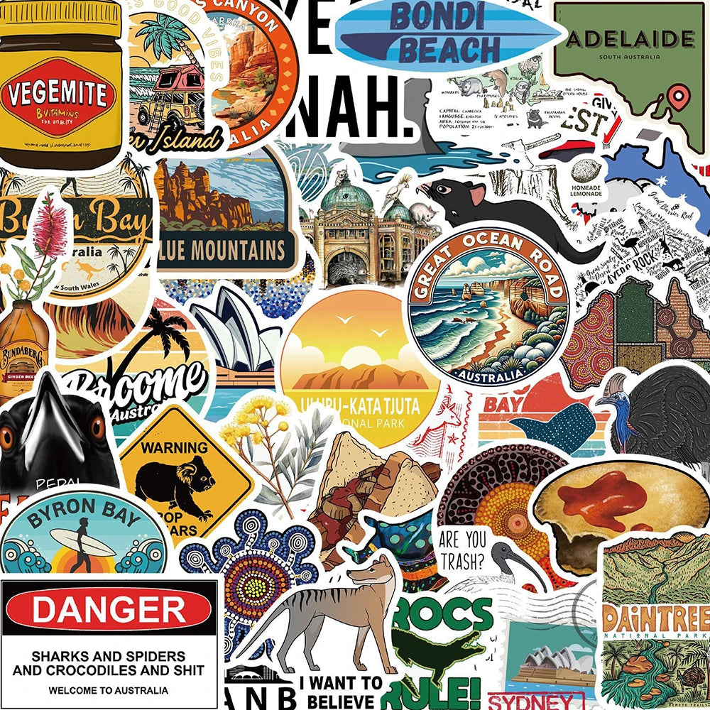 Australia Landscape Stickers: Funny Animal Cartoon Decals for Notebook, Skateboard, Phone, Bike (10/30/50pcs)